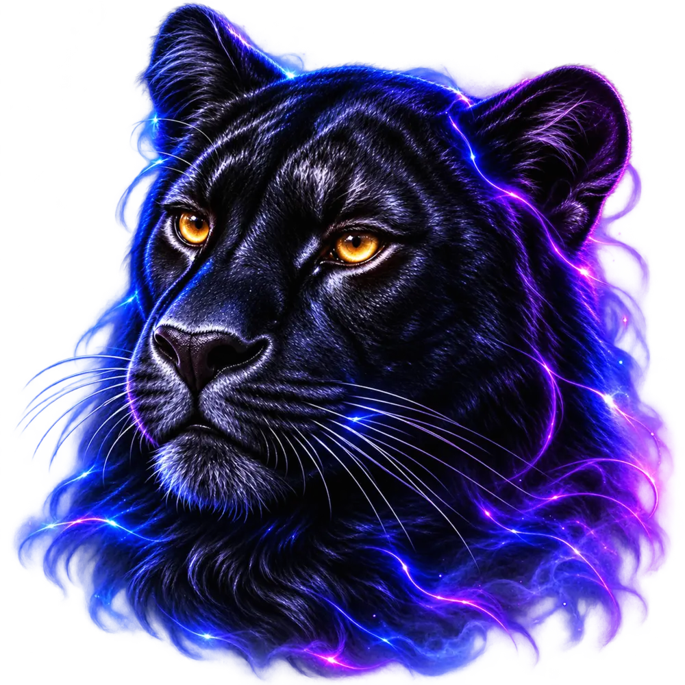 Full face of a calm black panther with both amber eyes and blue-purple rim lighting